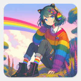 LGBTQIA+ Anime-Girl Lesbischer Stolz Quadratischer Aufkleber