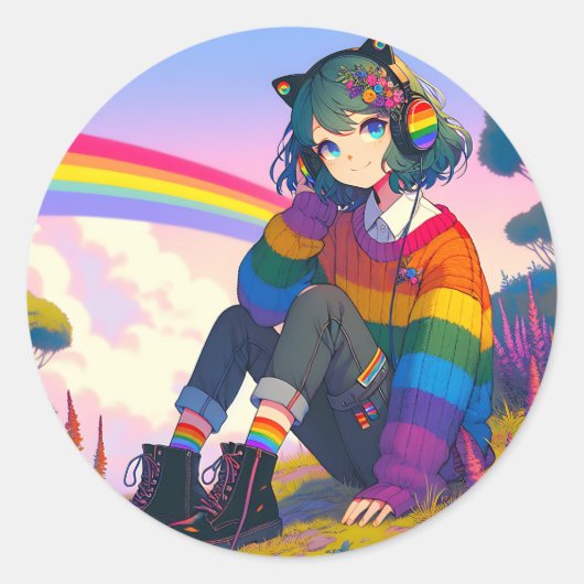 LGBTQIA+ Anime-Girl Lesbischer Stolz Runder Aufkleber (Vorderseite)