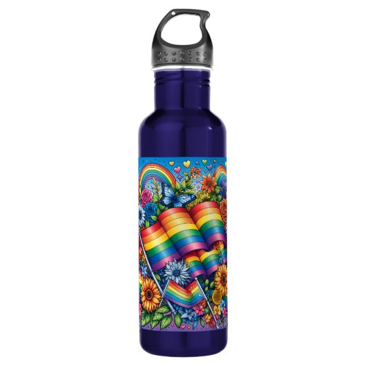 LGBTQIA+-Fahnen, Regenbögen, Blume Edelstahlflasche (Vorderseite)