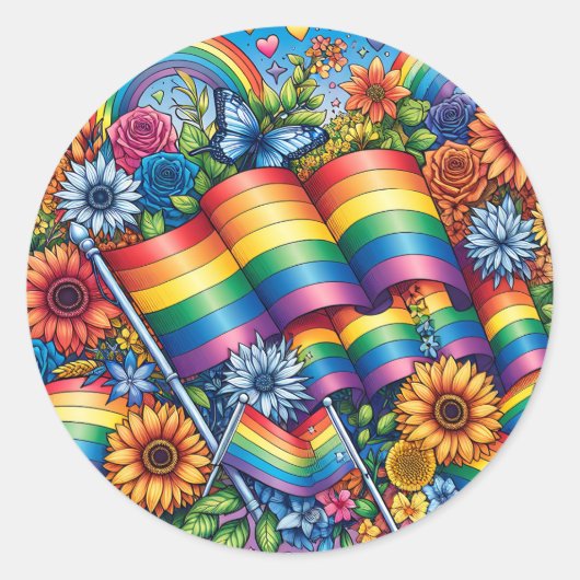 LGBTQIA+-Fahnen, Regenbögen, Blume Runder Aufkleber (Vorderseite)
