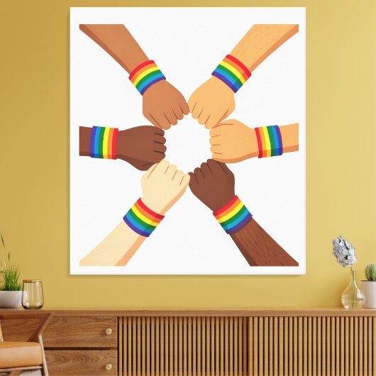 LGBTQIA+ Unity Circle with Rainbow Bracelets Leinwanddruck (Insitu (Wohnzimmer))