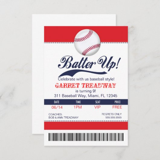 LGC Batter Up Baseball Ticket 2. Version Einladung (Vorne/Hinten)