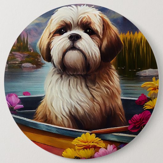 Lhasa Apso auf einem Paddel: Ein landschaftliches Button (Vorderseite)