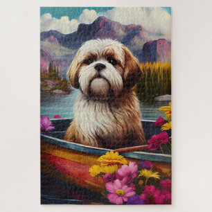 Lhasa Apso auf einem Paddel: Ein landschaftliches  Puzzle