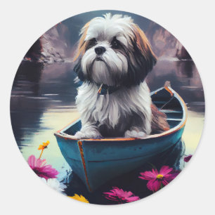 Lhasa Apso auf einem Paddel: Ein landschaftliches  Runder Aufkleber