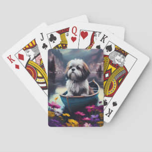 Lhasa Apso auf einem Paddel: Ein landschaftliches Spielkarten