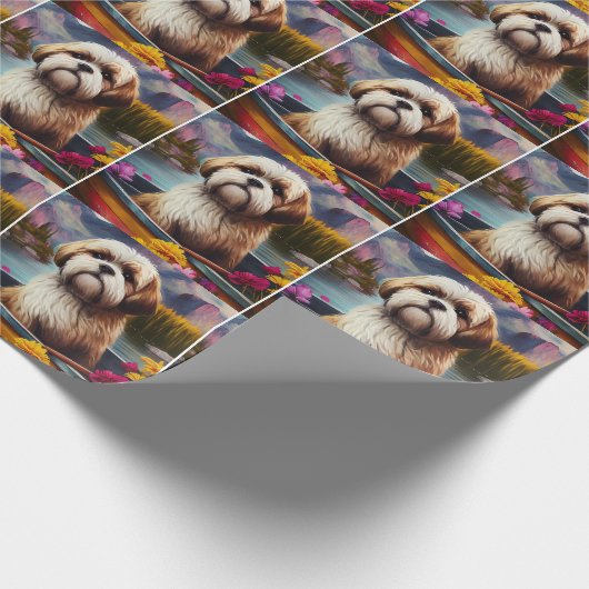 Lhasa Apso auf einem Paddle: Ein Landschaftliches Geschenkpapier (Ecke)