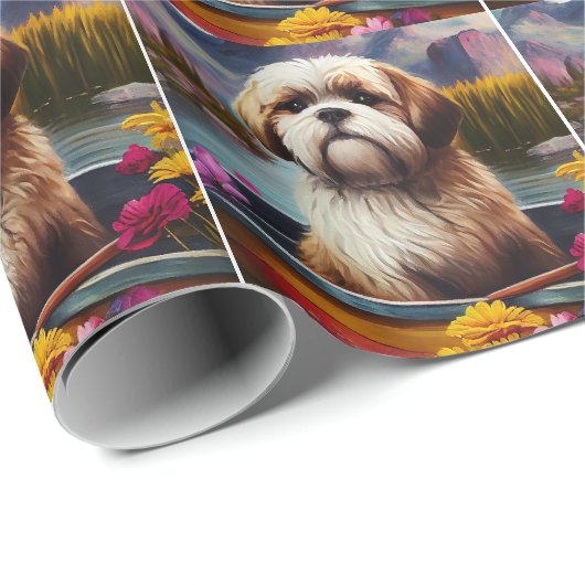 Lhasa Apso auf einem Paddle: Ein Landschaftliches Geschenkpapier (Rolleneckpunkt)