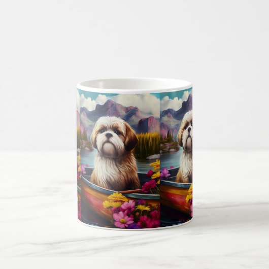 Lhasa Apso auf einem Paddle: Ein Landschaftliches  Kaffeetasse (Mittel)