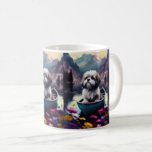 Lhasa Apso auf einem Paddle: Ein Landschaftliches Kaffeetasse (VorderseiteRechts)