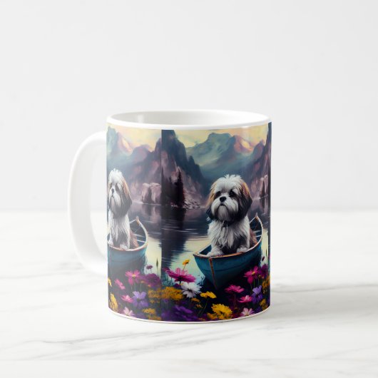 Lhasa Apso auf einem Paddle: Ein Landschaftliches Kaffeetasse (Vorderseite Links)
