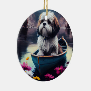 Lhasa Apso auf einem Paddle: Ein Landschaftliches Keramik Ornament