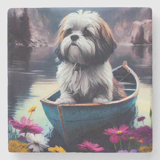 Lhasa Apso auf einem Paddle: Ein Landschaftliches  Steinuntersetzer (Vorderseite)
