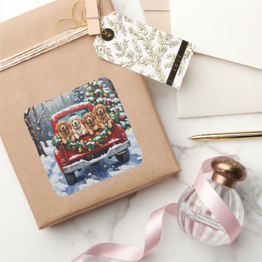 Lhasa Apso Christmas Red Truck Holiday Quadratischer Aufkleber (Schenken)