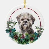 Lhasa Apso Dog Evergreen Berry Wreath Keramik Ornament (Vorne)