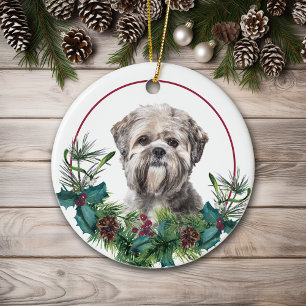 Lhasa Apso Dog Evergreen Berry Wreath Keramik Ornament