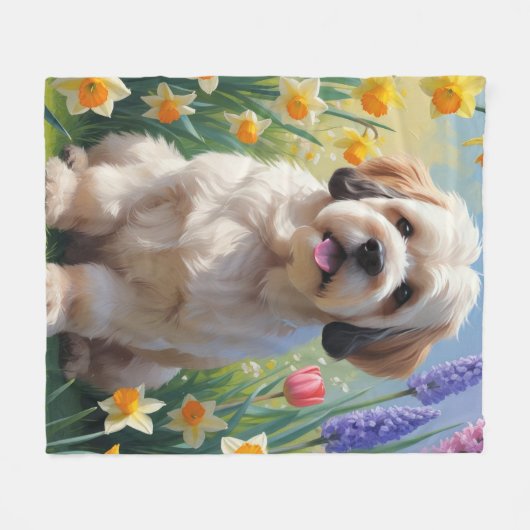 Lhasa Apso Dog Frühlingsblumen Malerei Fleecedecke (Vorderseite (Horizontal))