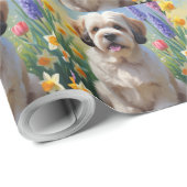 Lhasa Apso Dog Frühlingsblumen Malerei Geschenkpapier (Rolleneckpunkt)
