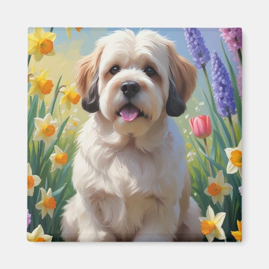 Lhasa Apso Dog Frühlingsblumen Malerei Magnet (Vorne)