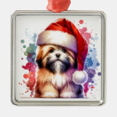 Lhasa Apso Dog in der Weihnachtsmannmütze Weihnach Ornament Aus Metall (Vorne)