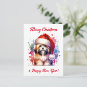 Lhasa Apso Dog in der Weihnachtsmannmütze Weihnach Postkarte (Stehend Vorderseite)