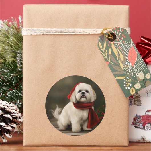 Lhasa Apso Dog in Schnee Weihnachten Runder Aufkleber (Feiertag)