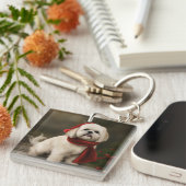 Lhasa Apso Dog in Schnee Weihnachten Schlüsselanhänger (Vorderseite rechts)