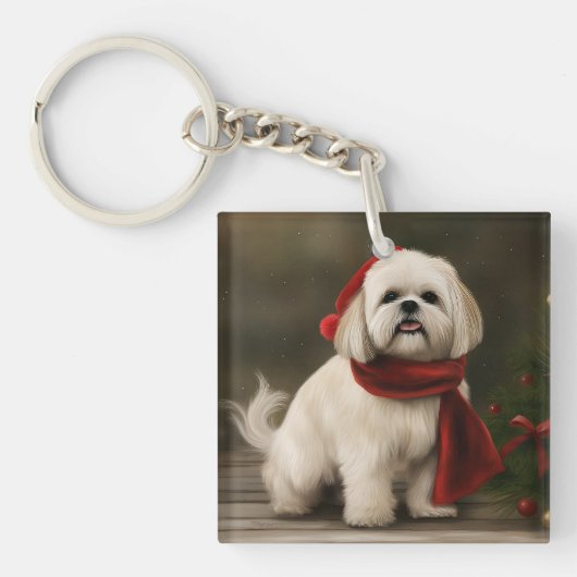 Lhasa Apso Dog in Schnee Weihnachten Schlüsselanhänger (Vorderseite)