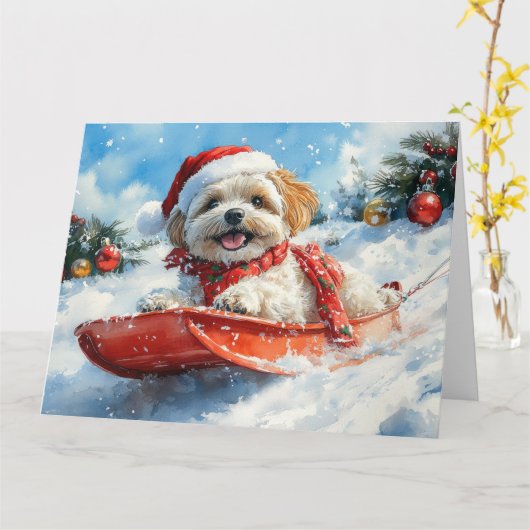 Lhasa Apso Dog in Sledge Let it Schnee Weihnachten Karte (Gelbe Blume)
