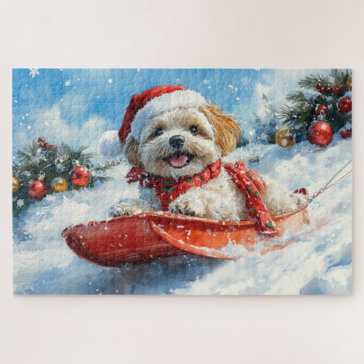 Lhasa Apso Dog in Sledge Let it Schnee Weihnachten Puzzle (Horizontal)