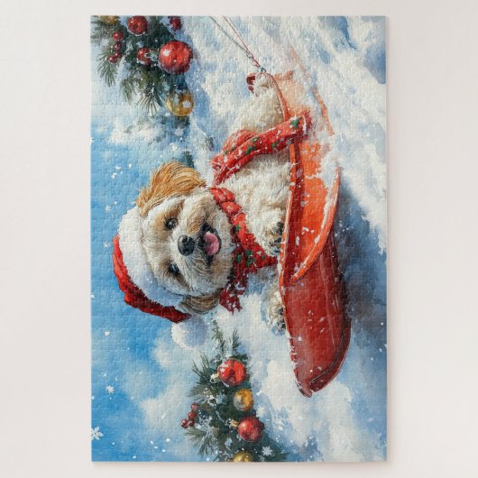 Lhasa Apso Dog in Sledge Let it Schnee Weihnachten Puzzle (Vertikal)