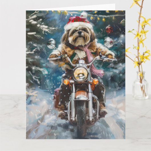 Lhasa Apso Dog Reiten Motorrad Weihnachten Karte (Gelbe Blume)