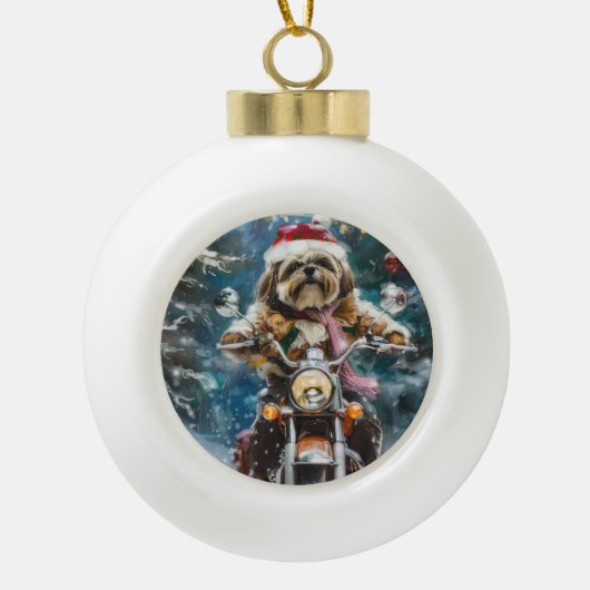 Lhasa Apso Dog Reiten Motorrad Weihnachten Keramik Kugel-Ornament (Vorderseite)