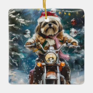 Lhasa Apso Dog Reiten Motorrad Weihnachten Keramikornament