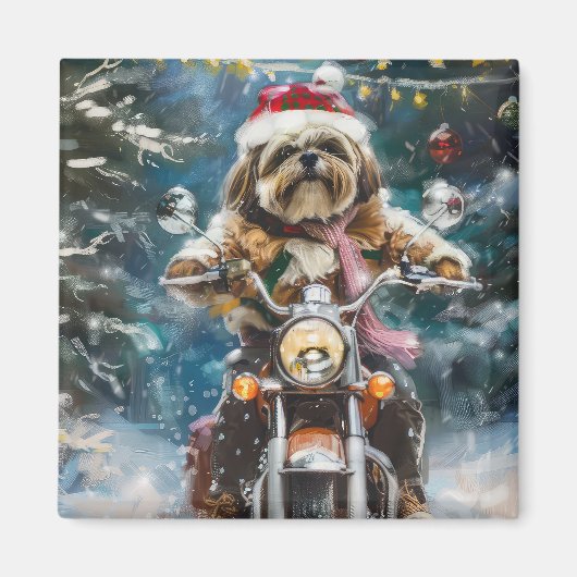 Lhasa Apso Dog Reiten Motorrad Weihnachten Magnet (Vorne)