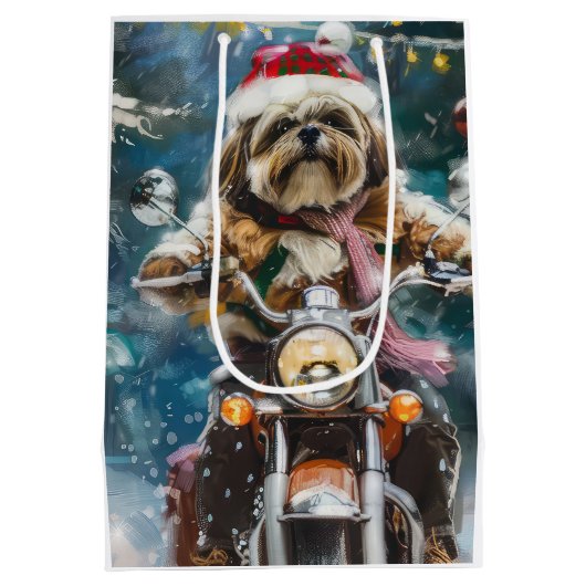 Lhasa Apso Dog Reiten Motorrad Weihnachten Mittlere Geschenktüte (Rückseite)
