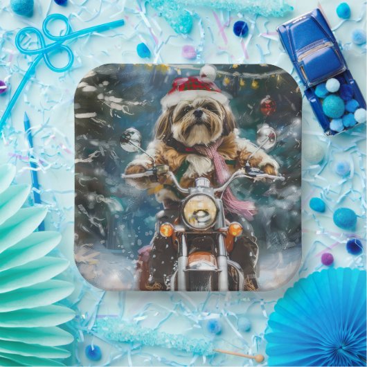 Lhasa Apso Dog Reiten Motorrad Weihnachten Pappteller (Party)
