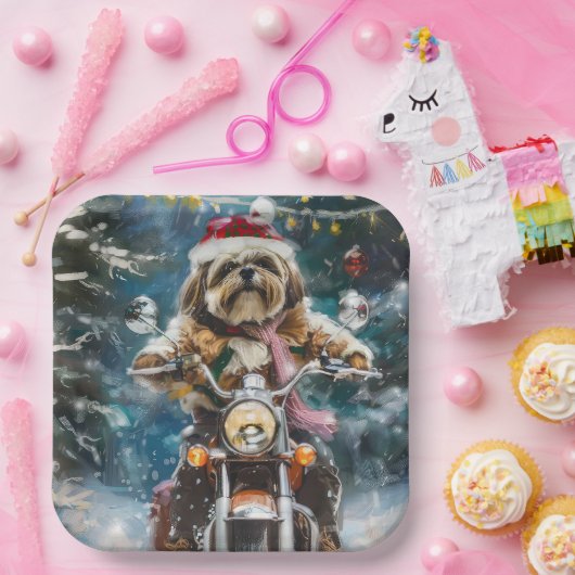 Lhasa Apso Dog Reiten Motorrad Weihnachten Pappteller (Party)