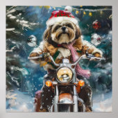 Lhasa Apso Dog Reiten Motorrad Weihnachten Poster (Vorne)