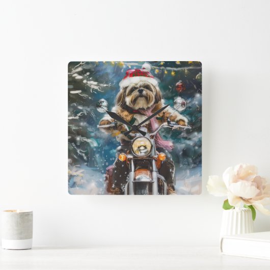 Lhasa Apso Dog Reiten Motorrad Weihnachten Quadratische Wanduhr (Zuhause)