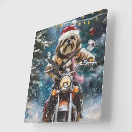 Lhasa Apso Dog Reiten Motorrad Weihnachten Quadratische Wanduhr (Winkel)