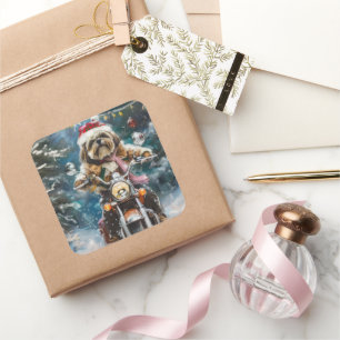 Lhasa Apso Dog Reiten Motorrad Weihnachten Quadratischer Aufkleber