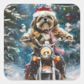 Lhasa Apso Dog Reiten Motorrad Weihnachten Quadratischer Aufkleber (Vorderseite)