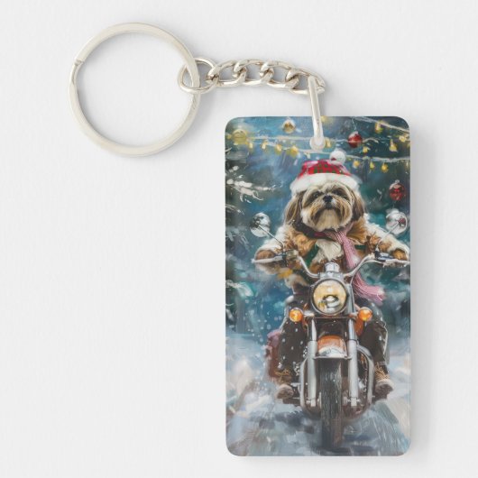 Lhasa Apso Dog Reiten Motorrad Weihnachten Schlüsselanhänger (Vorderseite)