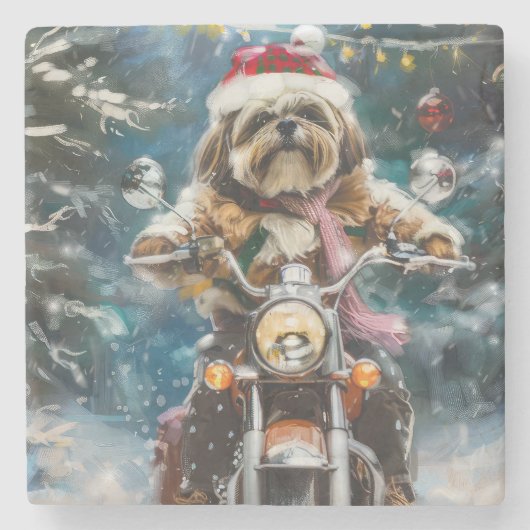 Lhasa Apso Dog Reiten Motorrad Weihnachten Steinuntersetzer (Vorderseite)