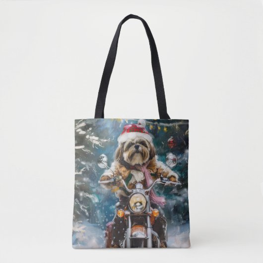 Lhasa Apso Dog Reiten Motorrad Weihnachten Tasche (Vorderseite)