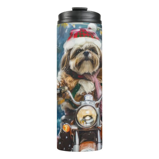 Lhasa Apso Dog Reiten Motorrad Weihnachten Thermosbecher (Vorderseite)