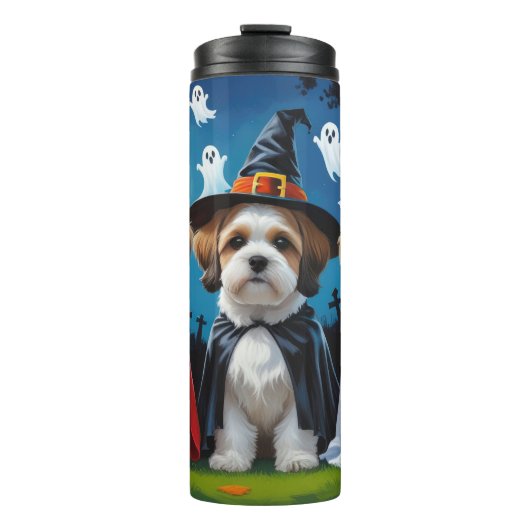 Lhasa Apso Dogs Pumpkin Halloween Funny Thermosbecher (Vorderseite)
