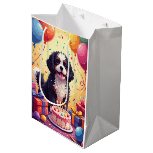 Lhasa Apso Geburtstagsfeier Mittlere Geschenktüte (Vorderseite Schrägansicht)