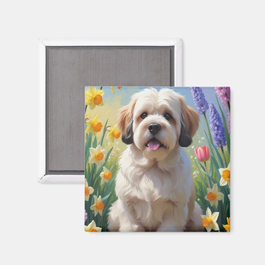 Lhasa Apso Hund Frühlingsblumen Malerei Magnet (Vorderseite/Rückseite)
